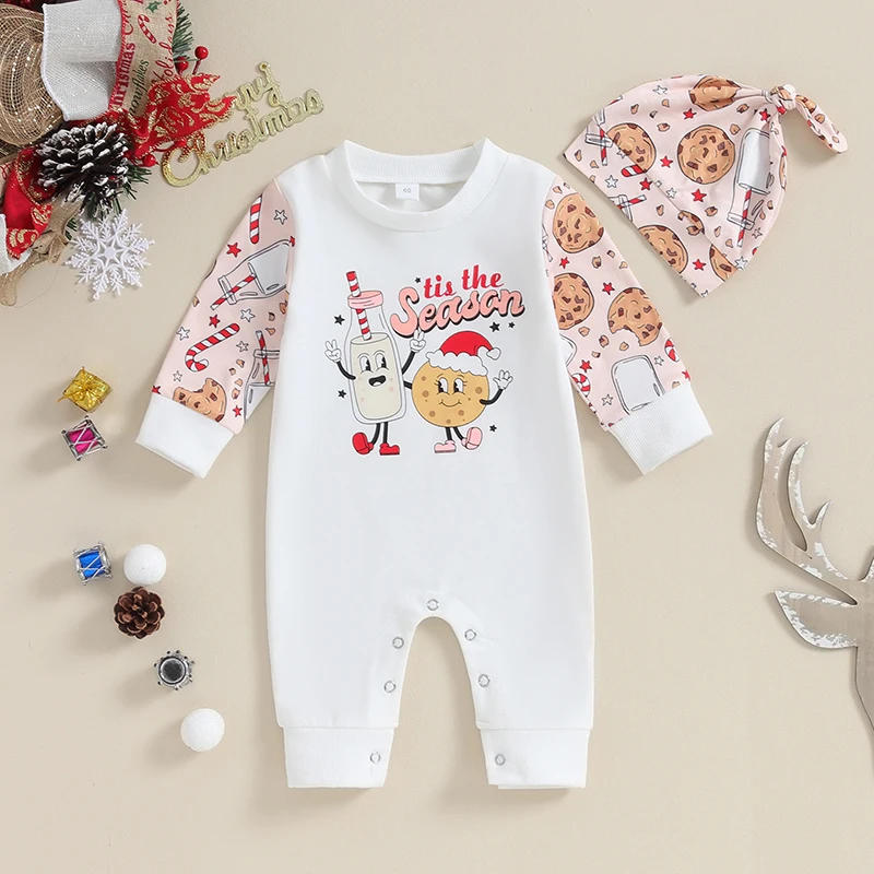 Description Picture 2 of itemBaby Girls Boys Sweatshirts Rompers Christmas Clothes Letter Cartoon Print Long Sleeve Jumpsuits Toddler Fall Bodysuits with Hat