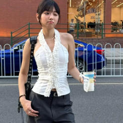 Korejpaa French Style Women Tops Ruffled Hanging Neck Sleeveless Camisole Vest 2025 Summer Sweet Simple Slim Versatile Clothes