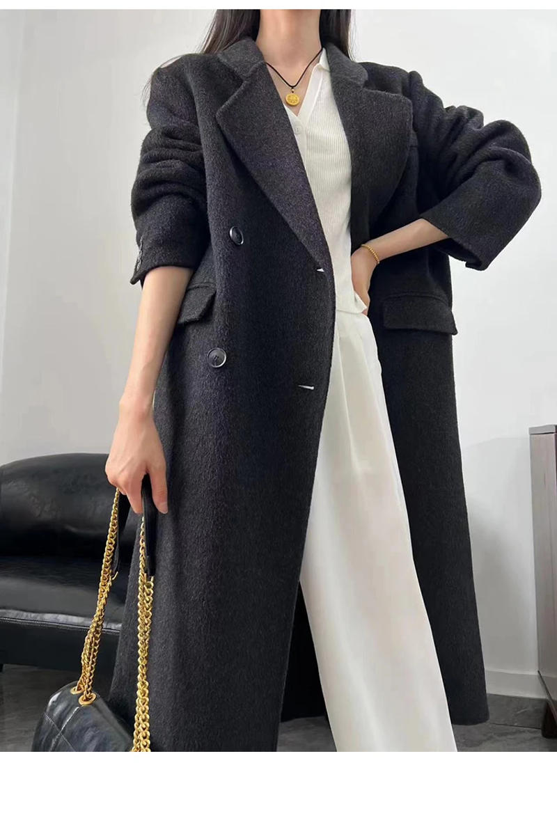 Description Picture 6 of itemRight Angle Shoulder Double-Breasted Woolen Jackets Women's 2024 Autumn And Winter Office Lady Commuter Long 100% Wool Coats