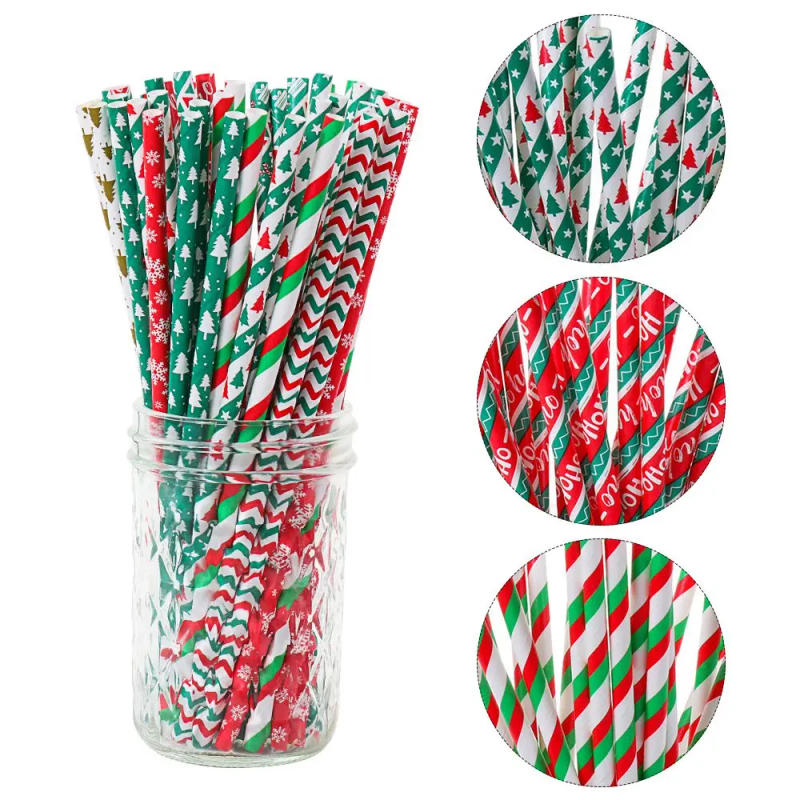 Description Picture 2 of item25Pcs Home Kitchen Wedding Props Party Supplies Snowflake Drinking Straw Christmas Paper Straws Disposable Christmas Decorations