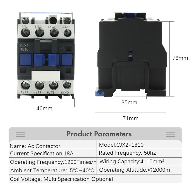 Description Picture 3 of itemCJX2-1810 LC1 AC Contactor 18A 3 Phase 3-Pole NO Coil Voltage 380V 220V 110V 36V 24V 50/60Hz Din Rail Mounted 3P+1NO Normal Open