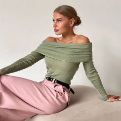 Spring and Autumn Women Knitted Wool T-shirt Slim Fit Long Sleeve Chic Off Shoulder Basic Sweater Streetwear Pullovers