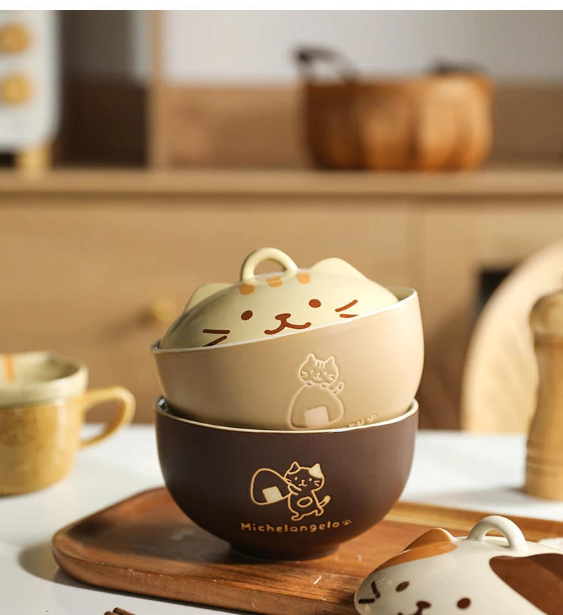 Description Picture 6 of itemCartoon Cat Ceramic Instant Noodle Bowl Japan Cute Cat Ceramic Bowl with Lid Fruit Bowl Cartoon Kitchen Tableware Lunch Box