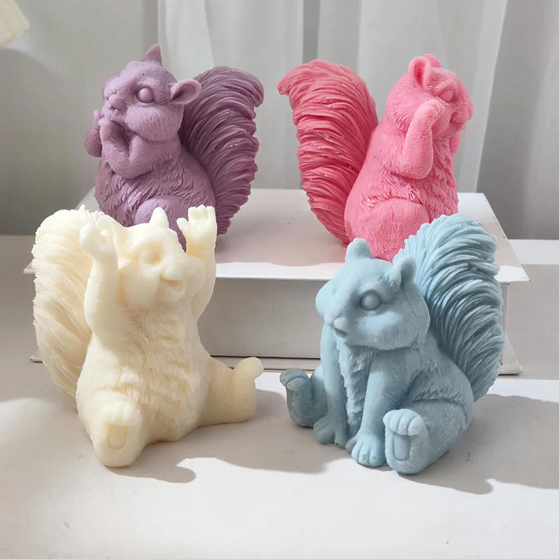 Description Picture 3 of item3D Cute Squirrels Candle Mold Handmade Four Style Big Tail Squirrel Scented Candle Gypsum Resin Soap Silicone Mould Home Decor