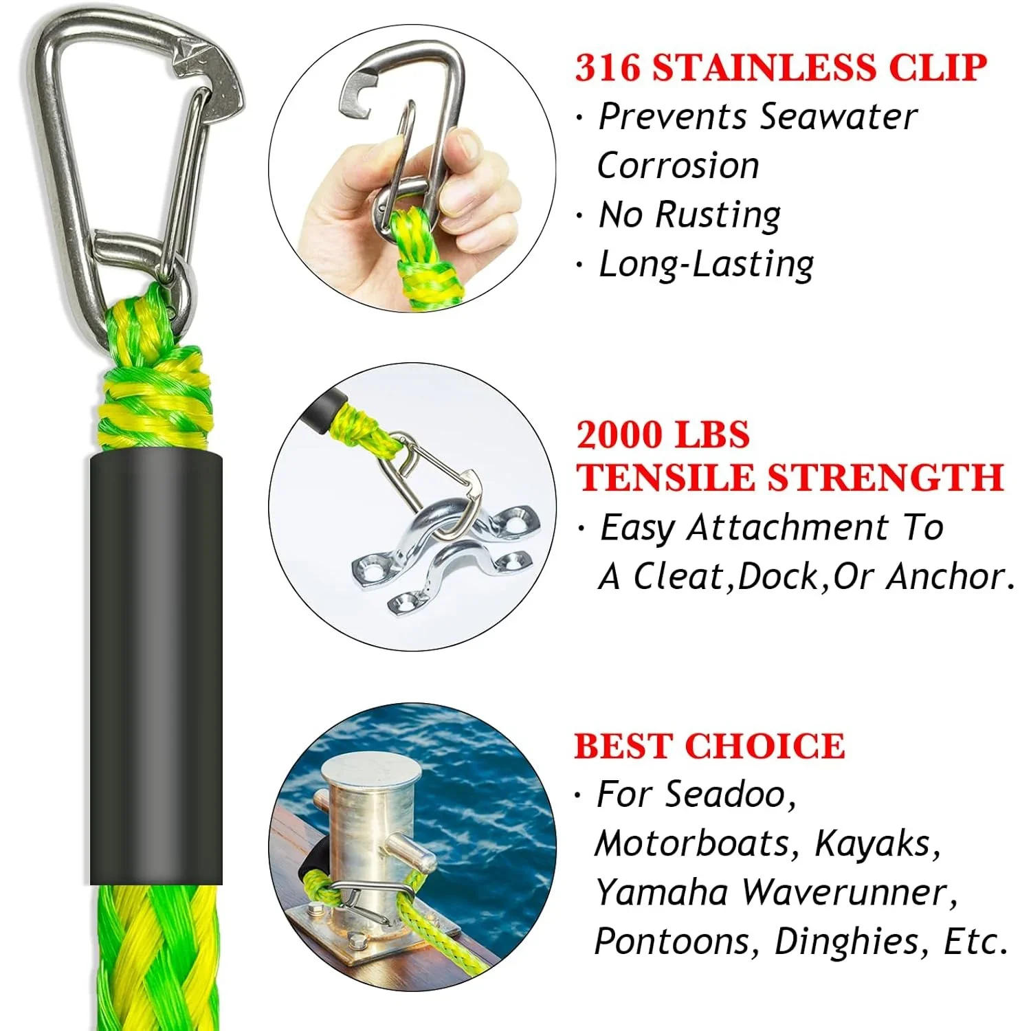 Description Picture 4 of itemBungee Dock Lines Cords Docking Rope For Kayak Watercraft SeaDoos Jet Ski Pontoon Canoe Power Boat Mooring Rope Accessories