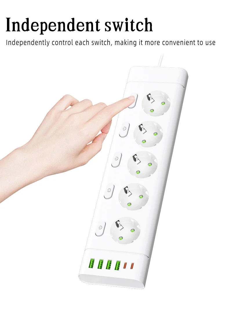 Description Picture 3 of itemEU Plug Power Strip Multiple Independent Control Outlet Sockets 2m Extension Cord Electrical Socket with 4 USB 2 Type-C Ports