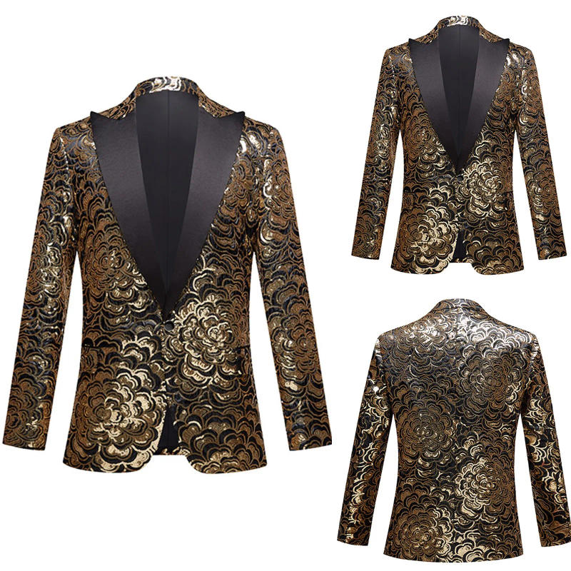 Description Picture 2 of itemLuxury Golden Floral Sequin Tuxedo Jacket Men Peak Collar Shining Glitter Blazers Mens Wedding Dinner Party Blazer Homme