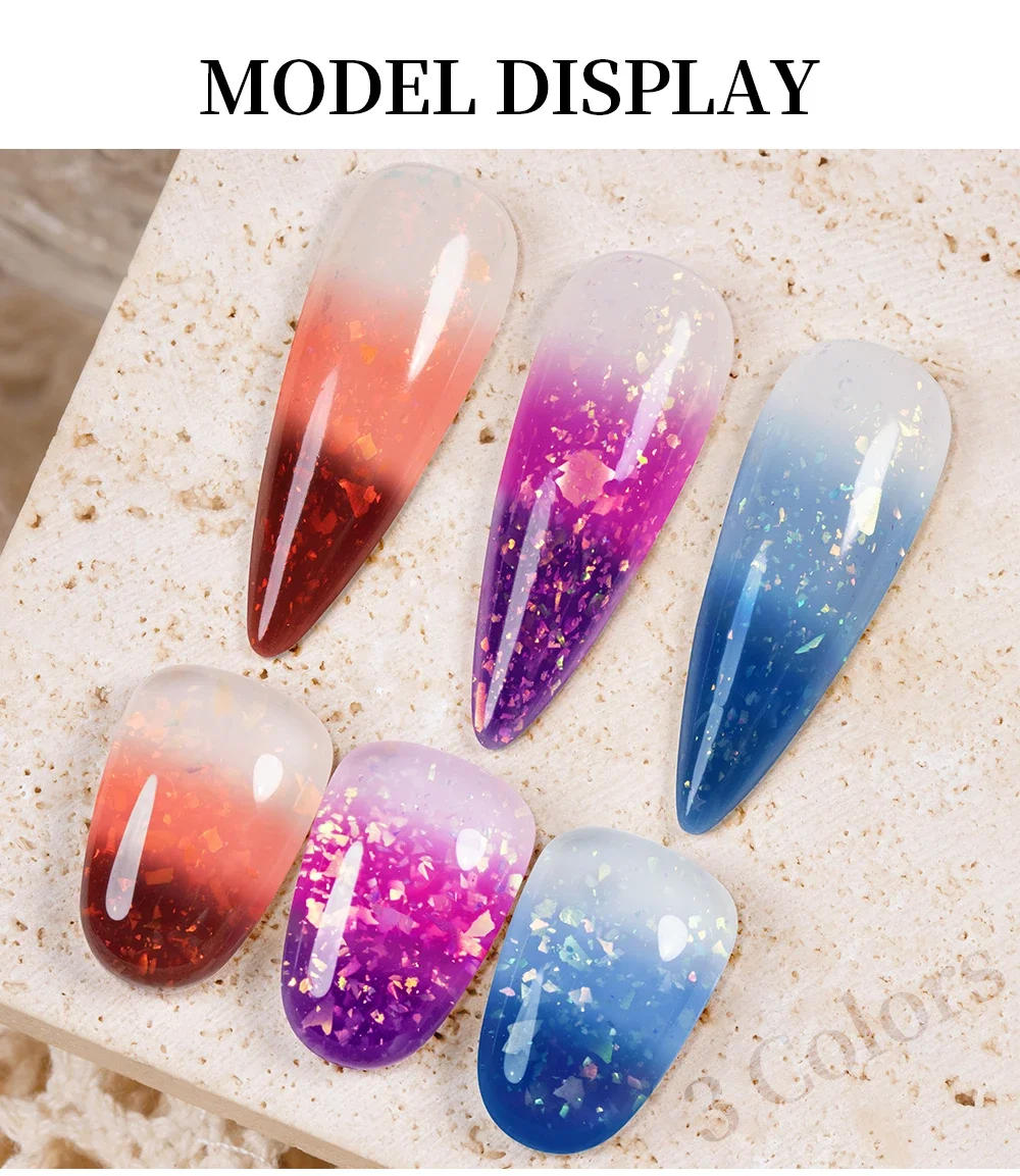 Description Picture 6 of item7.5ML Mood Change Aurora Top Coat Gel Nail Polish Temperature Color Changing Aurora Glitter Non-Wipe Nail Varnish For Manicure
