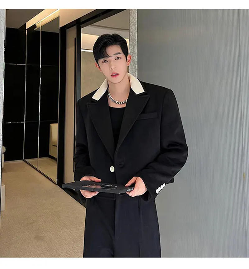 Description Picture 3 of itemLUZHEN Men's Fashion Short Blazers Jacket Fashion Spring Niche Contrast Color Design Elegant Korean Reviews Many Clothes LZ1650