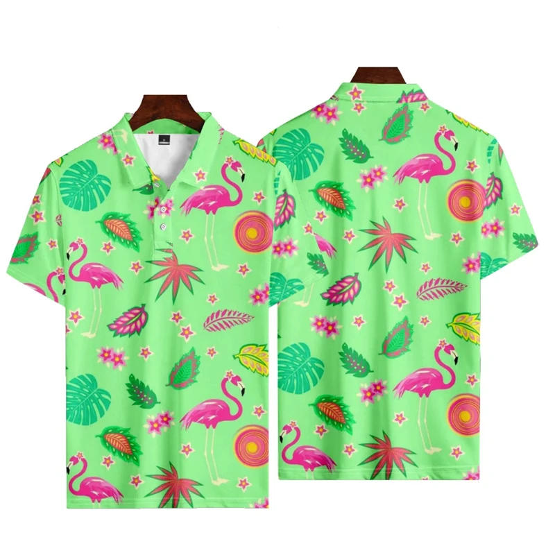 Description Picture 3 of itemHawaiian Holiday Flamingo Print Summer Men's Buttons Polo Shirts Casual Short Sleeve Oversized Tops Fashion Male Camisa Clothing
