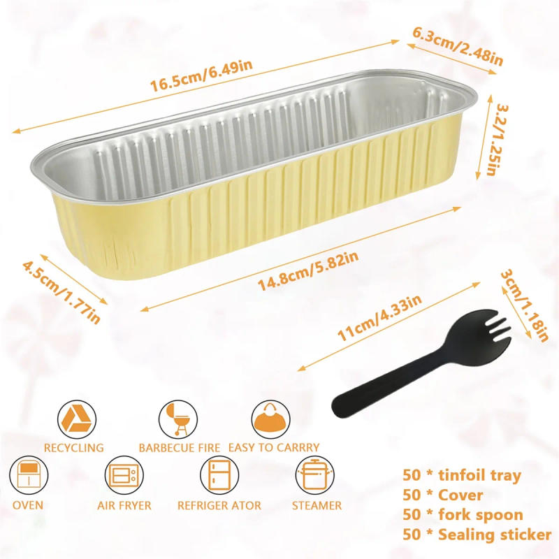 Description Picture 6 of item50Pcs Mini Loaf Pans with Lids and Spoons 6.8oz Rectangle Aluminum Foil Baking Pan Mini Bread Container Heat-Resistant Cake Pans