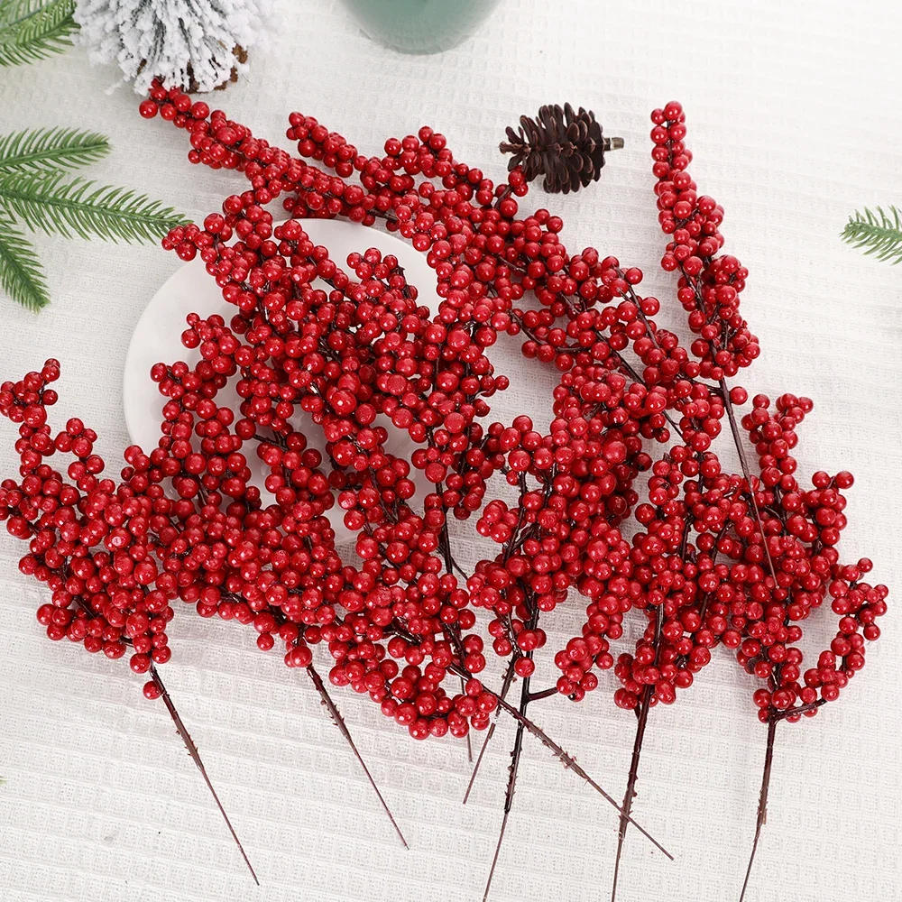 Description Picture 4 of itemChristmas Red Berries Branch Fake Plants Flowers Artificial Holly Berry Stamen Wreath Ornaments for Xmas Tree Party Home Decor