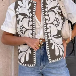 Y2k Vintage Embroidered Floral Vest Women Fashion Linen Short Ethnic Shirt Blouse Crochet Flower Cardigan Vests Tops Streetwear