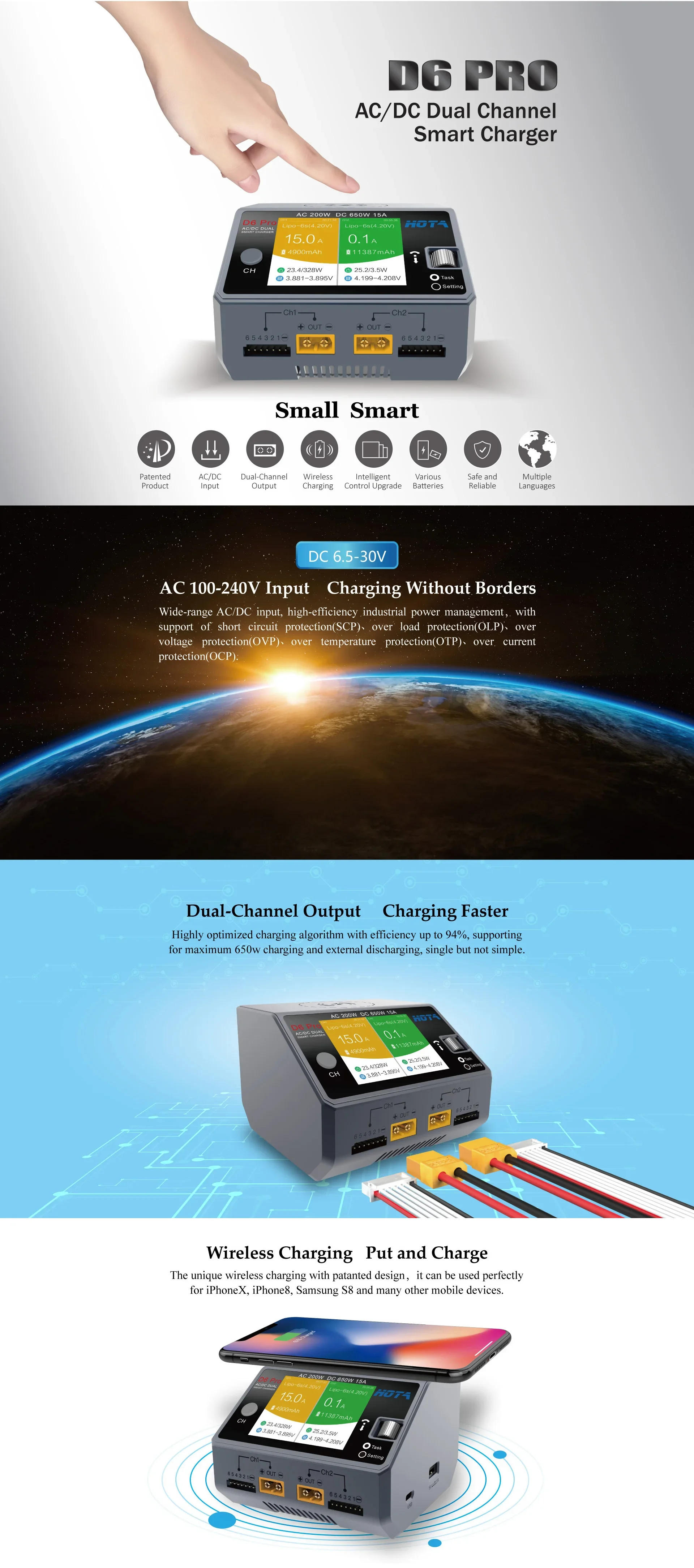 Description Picture 2 of itemHOTA D6 Pro Black AC 200w DC 2x325w /15a Channel Smart Battery Charger Discharger Lipo Charger For Rc Drone Spare Parts