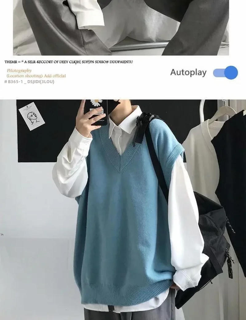 Description Picture 3 of itemAutumn Men's Simple Knitted Vest Top Preppy Style Loose Fit Sweater Vest Thin Material Casual Scene V-neck Collar