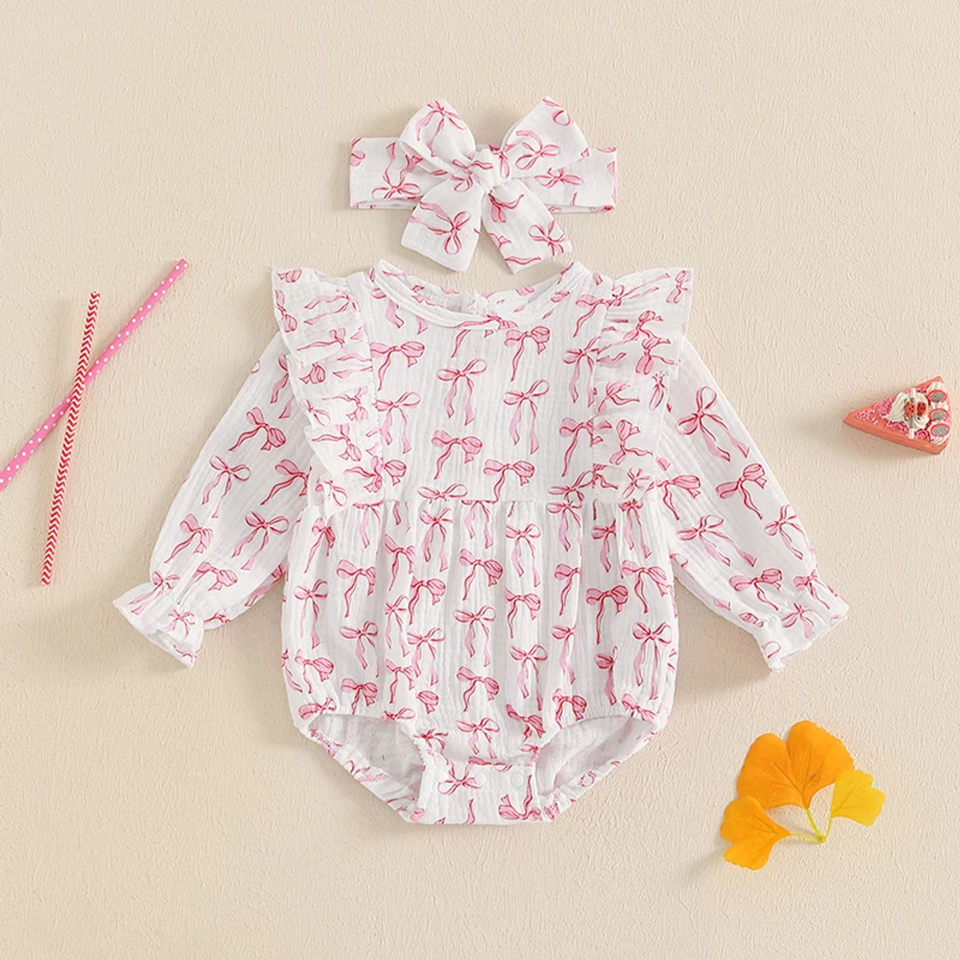 Description Picture 2 of itemBaby Girls Romper Bow Print Long Sleeve Jumpsuits and Cute Headband Set for Toddler Infant 2 Piece Outfits