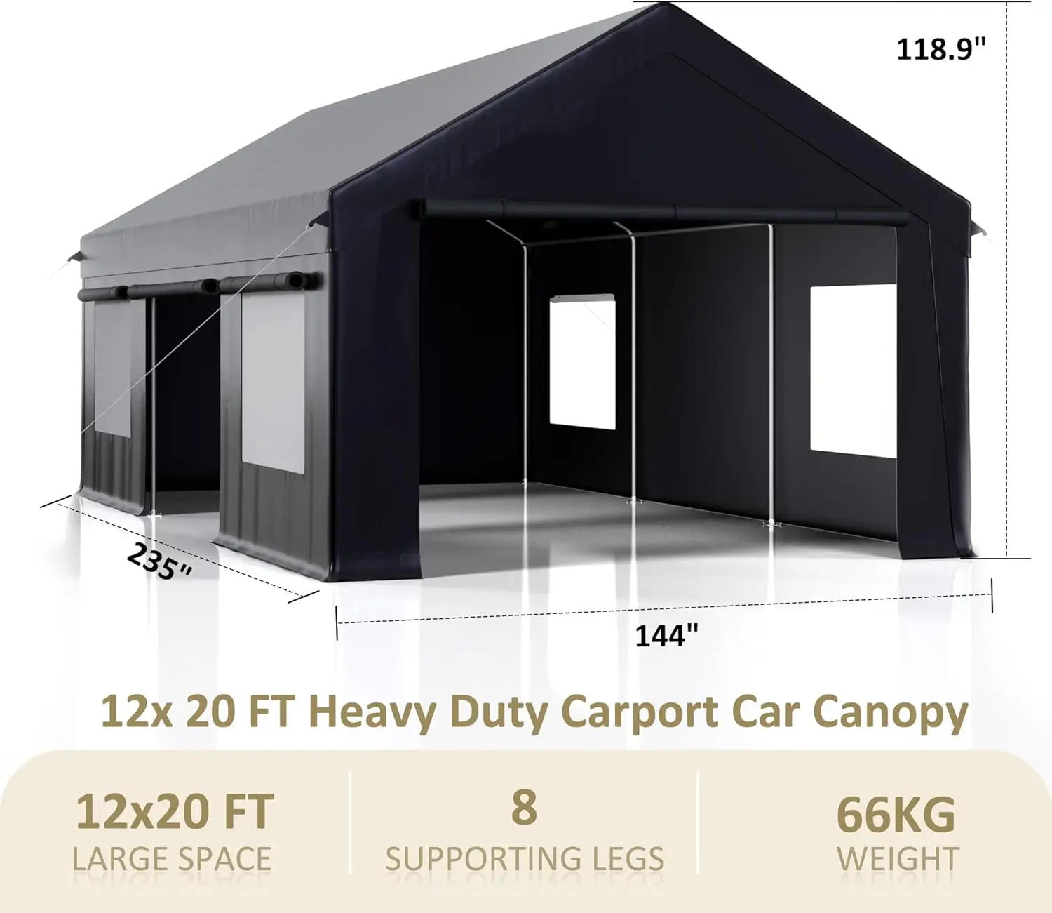 Description Picture 3 of itemCarport, 12' X 20' Heavy Duty Portable Garage, Carport Canopy with Side-Opening Door & Roll-Up Windows, Car Canopy Outdoor Black