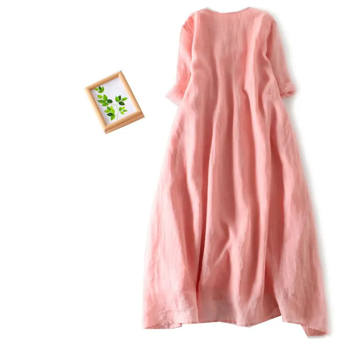 Description Picture 4 of itemDouble layered Ramie Embroidery Half Sleeved Long Dress Casual Loose Cotton Women Summer Spring Holiday Seaside Clothing X1055