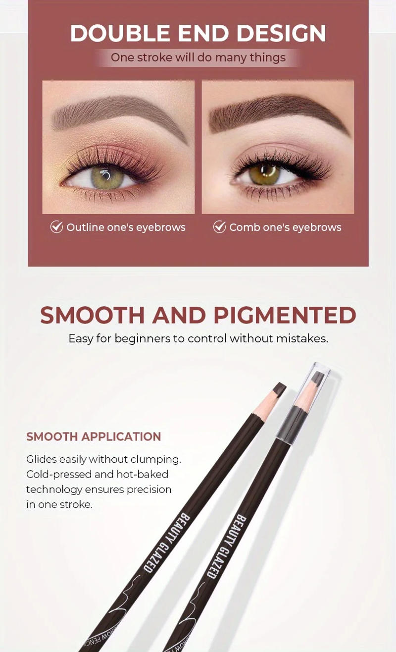 Description Picture 5 of item2024 BEAUTY GLAZED Eyebrow Pencil With Brushes Waterproof Brow Pencil 4 Colors Long-lasting Formula Double head Eyebrow Pencil