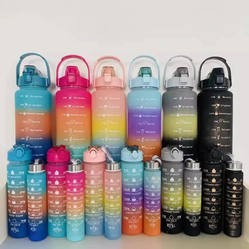 Description Picture 2 of item3PCS Set Sports Water Bottles Large-capacity Gradient Color Plastic Water Cup with Time Maker Gym Fitness Leakproof Kettle Jugs