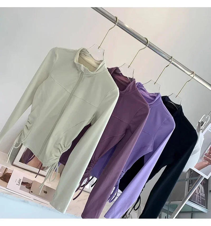 Description Picture 5 of item2024 Women Sports jackets Slim Fit Long Sleeved Side Drawstring Zipper  Tops Quick-Dry Fitness Outdoor Running Top Sports Coat