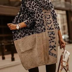 Leopard Cardigan Women Knitted Sweater Pullovers Autumn Winter Warm Thick Jumpers Maxi Brown Crochet Y2k Long Sleeve Jumper