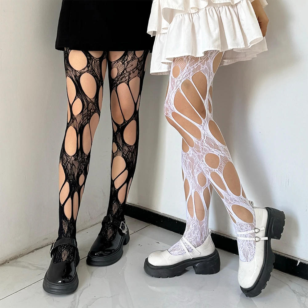 Description Picture 5 of itemWomen Sexy Stockings White Lace Broken Hole Fishnet Socks Black Tights Woman Large Mesh Hollow Pantyhoses Fishnets Gothic