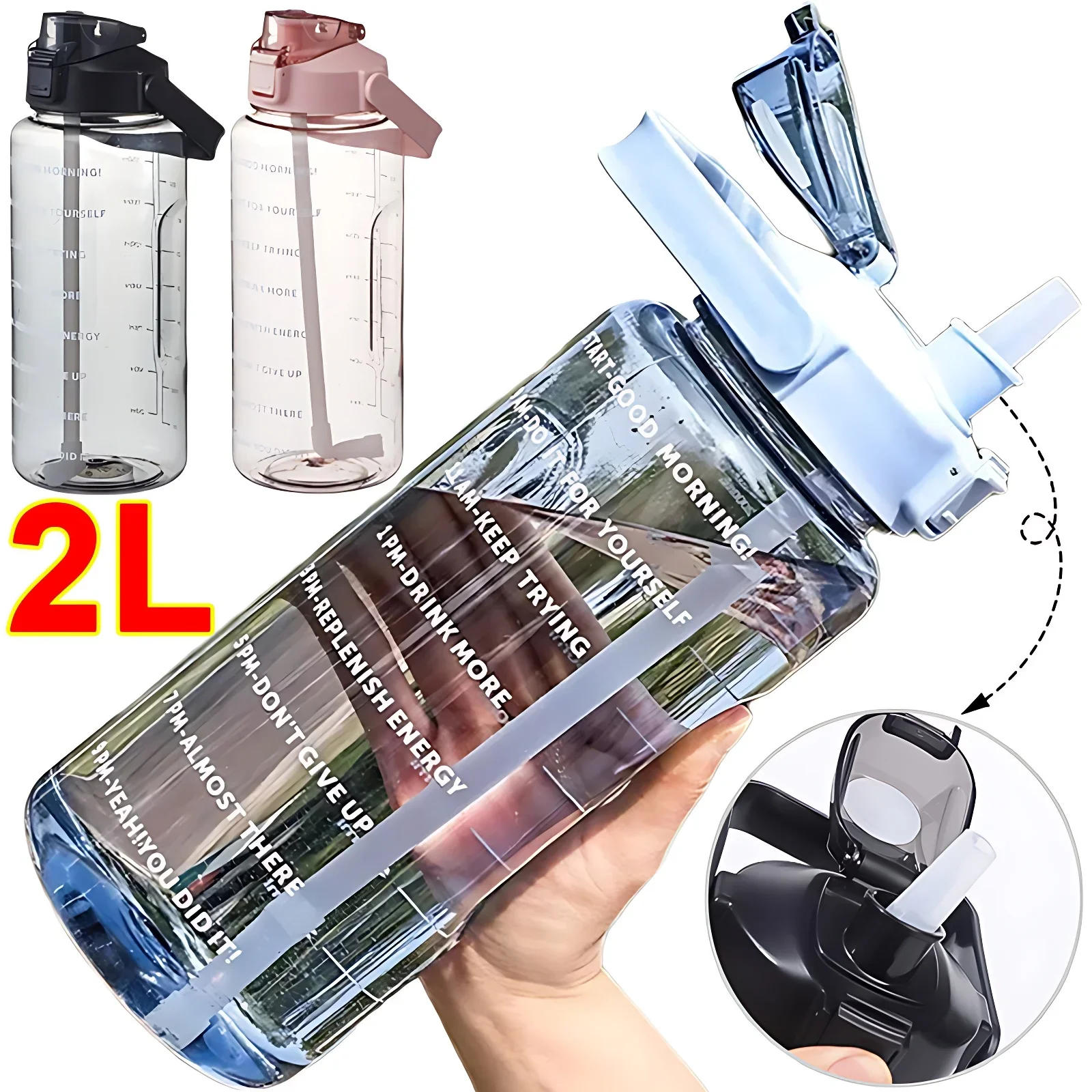 Description Picture 3 of item2L Sports Water Bottle with Straw Men Women Fitness Water Bottles Outdoor Sports Cold Water Bottlesc with Time Marker Drinkware