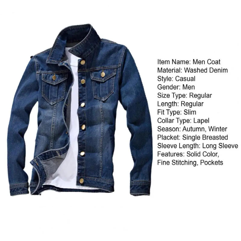 Description Picture 5 of itemPopular Men Jeans Coat Solid Color Temperament Turndown Collar Buttons Jeans Jacket  Retro Male Denim Coat for Daily Wear
