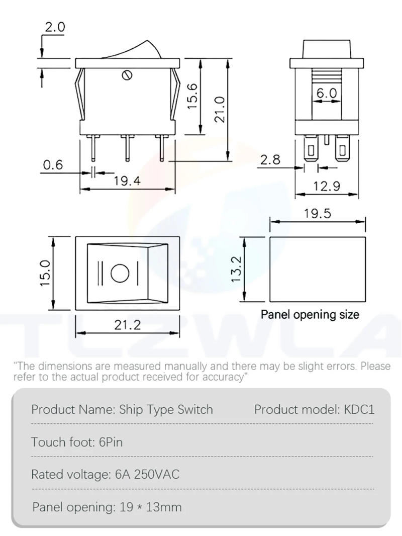 Description Picture 4 of item1PCS 6A/250V 10A/125V 6 Pin 21*15 mm 2 Position 3Position Boat Rocker Switch on off Switch KCD1 Black 21x15mm AC