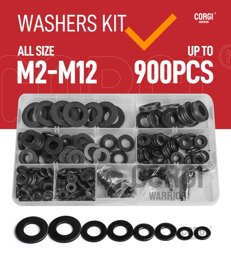 Description Picture 2 of item260-900 Pieces Stainless Steel and Black Steel Flat Washers Assortment Kit M2 M2.5 M3 M4 M5 M6 M8 M10 M12 Sizes 9 Lock Washer