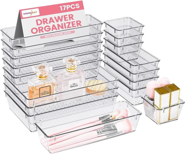 Description Picture 5 of itemClear Plastic Drawer Organizers Desk Dividers Bins Home Dresser Office Kitchen Drawer Separator Makeup Jewelry Organization Gadg