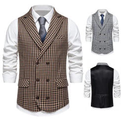 European Men's Double Breasted Buckle Gun Collar Vest Casual Classic Plaid Color Blocking Men's Suit Retro Vest