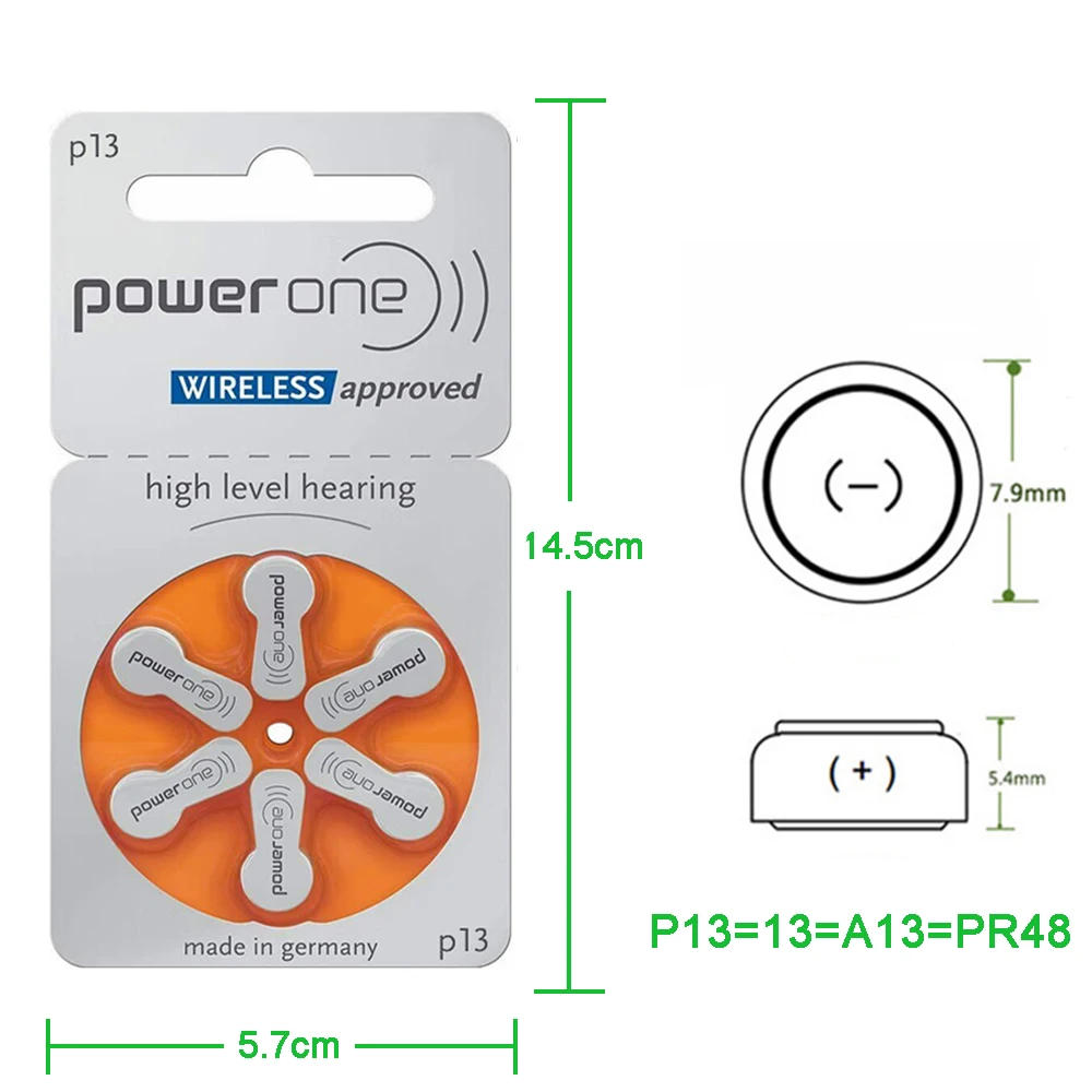 Description Picture 5 of itemPowerOne P13  60 PCS  High Performance Hearing Aid Batteries. Zinc Air 13 / P13 / PR48 Battery for BTE Hearing aids Drop Shippin