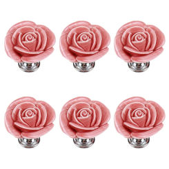 New Ceramic Rose Cabinet Knobs 6 Pack Cupboard Door Knobs Drawer Dresser Pull Handles With Screws (Pink)