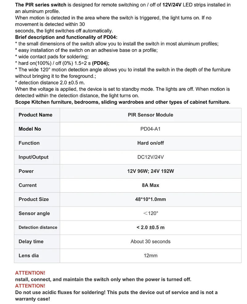 Description Picture 3 of item8A Micro LED Strip Control Sensor PIR Infrared Human Detector For LED Strip Lighting