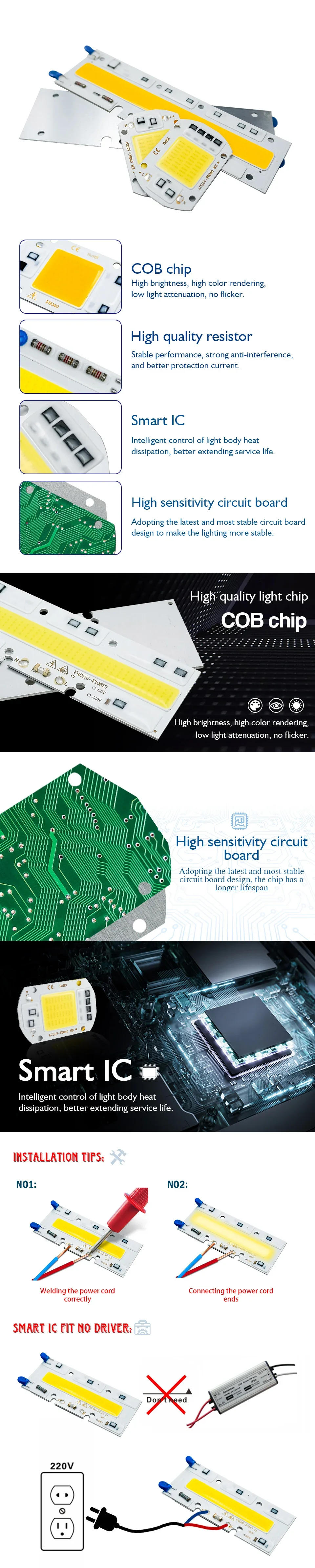 Description Picture 4 of itemLED Chip 50W 30W 20W 10W COB Chip Lamp AC 220V 110V Smart IC No Need Driver for DIY Led Flood Light Spotlight Lampada Lighting