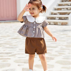 2-piece set of fashionable casual short sleeved collared checkered shirt top and shorts for baby girls in summer