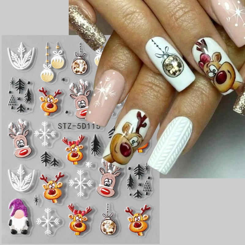 Description Picture 4 of item5D Christmas Nail Stickers Cartoon Elk Santa Claus Snowflakes New Year Sliders Festive Embossed Nail Art Decals Decoration