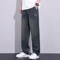 Summer Thin High Quality Soft Lyocell Fabric Jeans Men Loose Wide Leg Pants Elastic Waist Casual Trousers Male Plus Size M-5XL