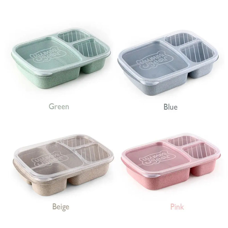 Description Picture 3 of item4Colors Lunchbox Compartmentalized Food Fruit Container Portable Picnic Storage Boxs Wheat Straw Lunch Box Microwave Dinnerware