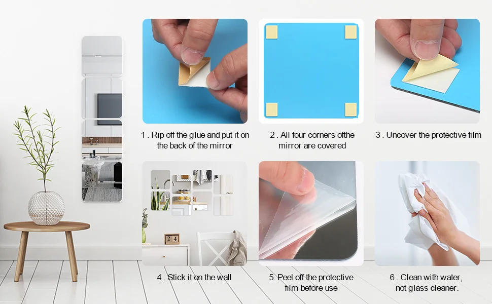 Description Picture 5 of item2mm Acrylic Mirror Wall Stickers Unbreakable Acrylic Full Length Wall Mirror Tiles Decal for Door Baby Kids Living Room Decor