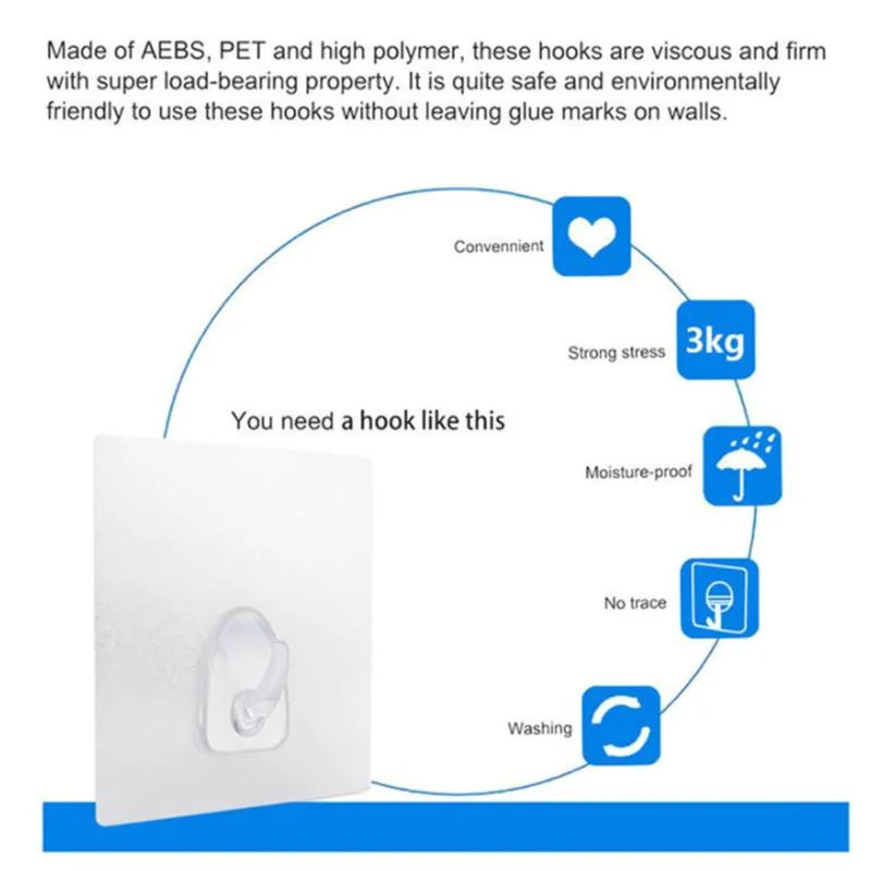 Description Picture 2 of item5/10/PCS Super Glue Hook Transparent Strong Self Adhesive Key Towel Door Wall Hanger For Hanging Kitchen Bathroom Accessories