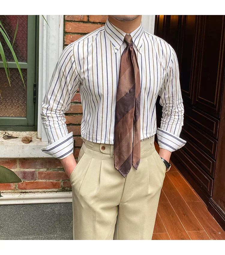 Description Picture 5 of itemSummer Men Color Contrast Striped Shirt Long Sleeve Slim Hairstylist Shirts Men Office Tuxedo Stripe Shirt Social Herren Hemd