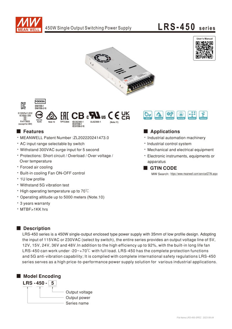 Description Picture 2 of itemMEAN WELL LRS-450-15 450W 15V 30A switching power supply DC motor drive  LRS-450-15