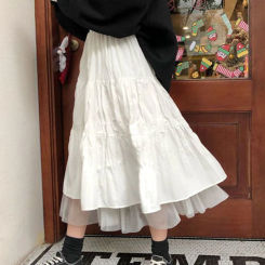 Long Tulle Midi Skirts Womens 2024 Autumn Elastic High Waist Mesh Tutu Pleated Skirts Female Black White Long Skirt Streetwear