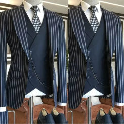 New Blue Grey Navy Rope Stripe Wedding Tuxedos 3 Pieces Slim Fit Mens Suit Blue Males Prom Blazer Trousers(Jacket+Pants+Vest)