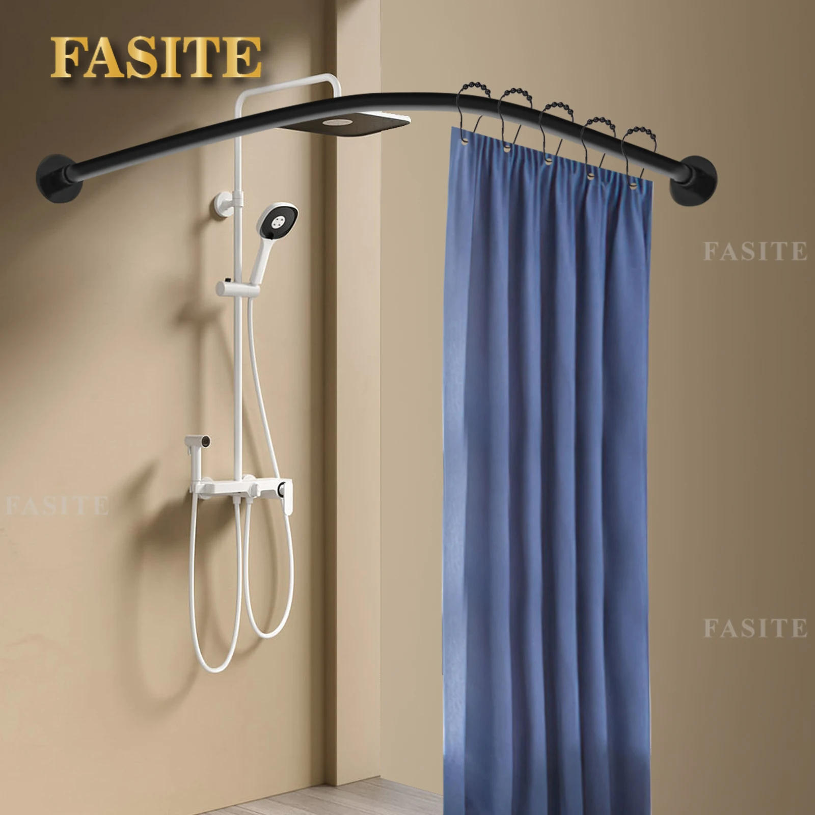 Description Picture 2 of itemShower Curtain Rail L Shape, No Drilling Shower Rail Corner Bathtub Stainless Steel Telescopic Rod with Shower Curtain Rings