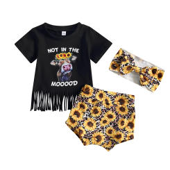 Kids Girls Pants Suit Casual Party Short Sleeve Tassels Tops Shirt Short Trousers Floral Headband