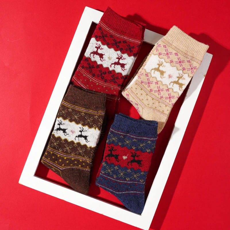 Description Picture 3 of item2Pairs Christmas Socks Women Winter Warm Angola Red Short Sock Comfort Soft Floor Slippers Non Grip Deer Sock Christmas Gift